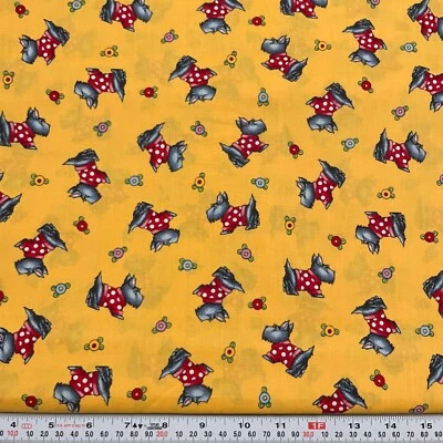 Vintage Mary Engelbreit 2002 Scottie Dogs Yellow Cotton Fabric by the HALF YARD - Image 1 of 2