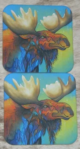 LEANIN TREE "Moose" ~ Juego de 2 Posavasos ~ Parte posterior de corcho ~ 3.75" x 3.75" #62423 ~ M. Jones Art - Imagen 1 de 2
