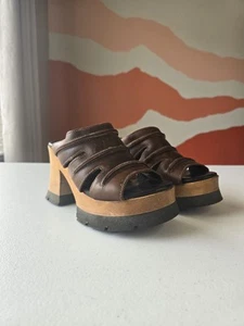 London Underground Platform Sandals Wood Leather Slip On Retro Chunky 90s Sz 6 - Picture 1 of 11