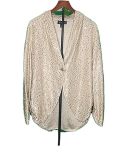 ST. JOHN Gold Pailletten Rüschen Cardigan Pullover Gr. M Einknopf Glitzer Blazer - Bild 1 von 13
