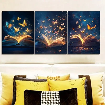 3pcs Golden Butterfly Flying Out Wall Art Canvas  Unframed/Framed - Image 1 of 4