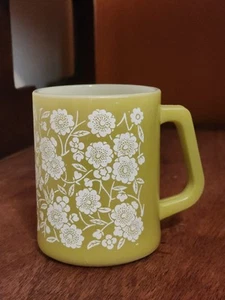 Vintage Federal Glass Green Calico Coffee Cup Mug White Flowers D Handle HTF - Picture 1 of 4