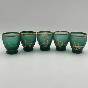 Vidrio soplado verde 5 vasos pintura dorada veneciana valla pájaros faro de colección - Imagen 1 de 8
