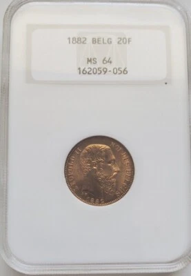 BELGIUM , GOLD 20 FRANCS 1882 - THE KEY DATE - NGC MS 64 ,,, RARE5 - Image 1 of 2