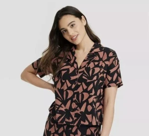 NWT Women's A New Day Large Black Brown Linen Short Sleeve Button Up Camp Shirt - Picture 1 of 8