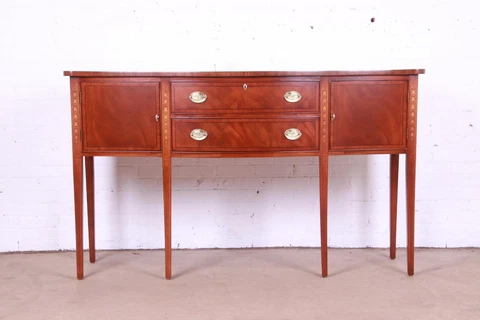 Ethan Allen Hepplewhite Inlaid Mahogany Serpentine Sideboard Credenza, Restored Cover