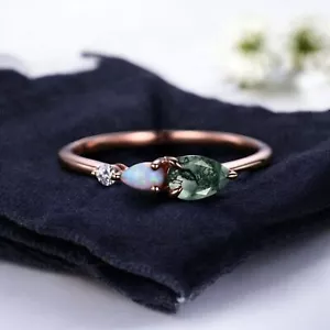 14k Rose Gold 7X5 mm Pear Cut Moss Agate Opal Engagement Promise Gift Ring - Picture 1 of 8