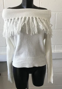 White Off the Shoulder Jumper with Tassels fold over panel Long Sleeves UKM - Picture 1 of 4