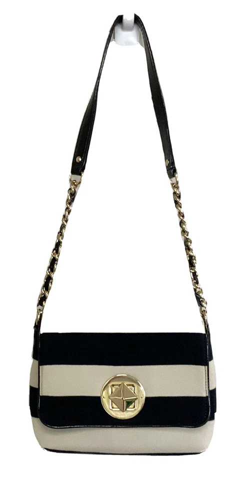 Bolso Cartera Kate Spade Academy Rayas Solapa Tirantes, Cadena Azul Marino y Gris/Beige Foto 1 de 4