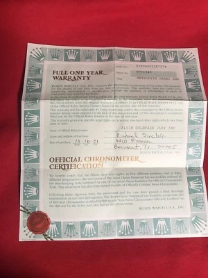 Rolex Certificato Garanzia Per P Seriale Giorno Data Masterpiece 18946 - Immagine 1 di 4