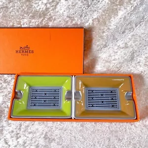 Hermes Porcelain Mini Ashtray Change Tray Green & Brown Platinum Rim Set of 2 - Picture 1 of 14