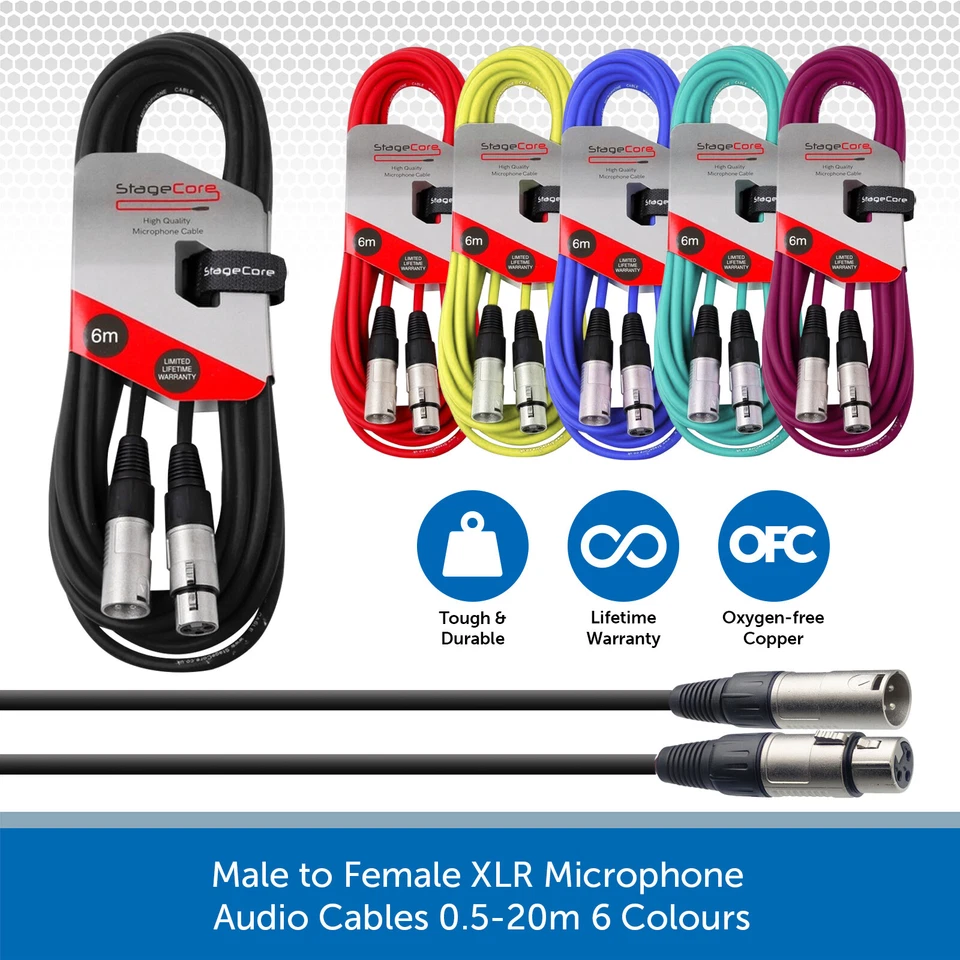 Male to Female XLR Microphone Cable Patch Lead Balanced 0.5m-20m 6 Colours