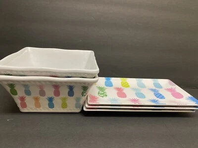 CYNTHIA ROWLEY PIÑA TROPICAL MELAMINA 2 TAZONES Y 3 PLATOS RECTANGULARES USADOS EN EXCELENTE ESTADO Foto 1 de 4