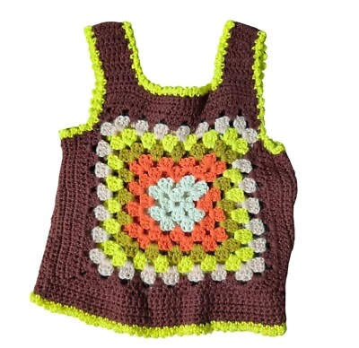 Vtg Handmade Crochet Granny Square Tank Top Multicolor Women's XS/S Boho Hippie - Image 1 of 4