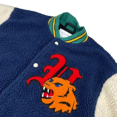 Urban Outfitters Men's Sherpa Fleece Snap Varsity Letter Jacket Navy • Small - Image 1 of 4