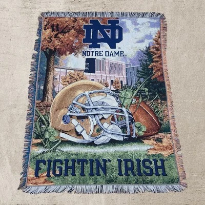 Vintage University of Notre Dame Throw Blanket Football Fighting Irish Tapestry - Image 1 of 4