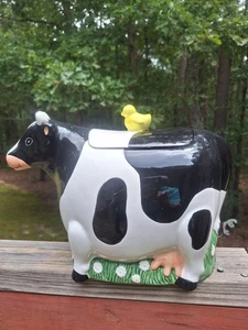 Black & White Holstein Cow Cookie Jar Yellow Bird Figurine On Its Back 90's READ - Picture 1 of 17