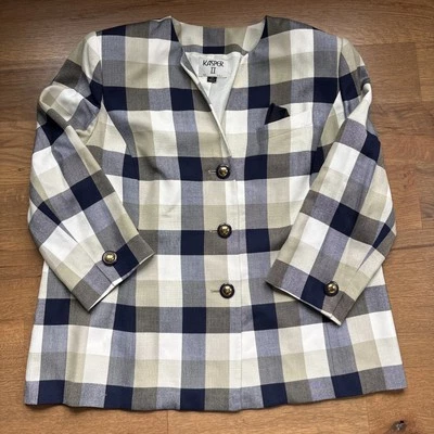 KASPER II PARA A.S.L. Blazer para mujer talla 20 vintage azul marino crema verde cuadros años 80  Foto 1 de 4