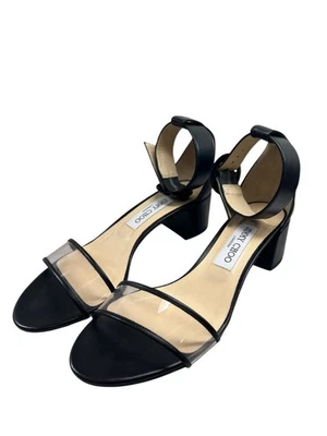 Sandalias de cuero JIMMY CHOO Jaimie 8,5 correa transparente tacones bajos negros Foto 1 de 4