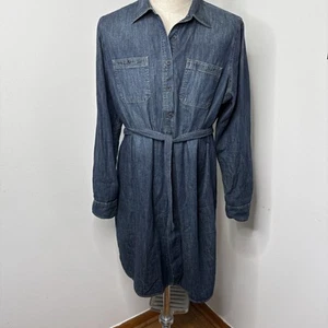 LAUREN RALPH LAUREN belted denim shirt dress size L Pockets Collar Side Slit - Picture 1 of 10