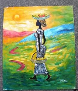 AFRIKANISCHE SCHWARZE FRAU TRÄGT ESSEN OBSTKOPF 24" LEINWAND ÖLGEMÄLDE KUNST GESCHENK F25 - Bild 1 von 4