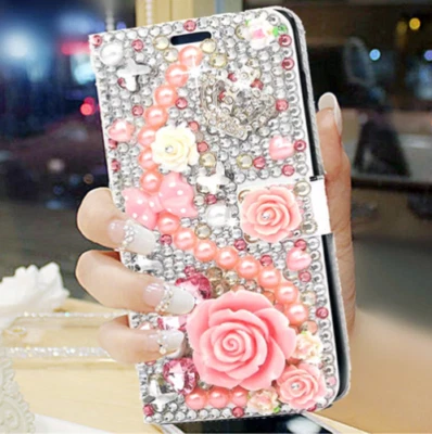 Mujeres/Niñas Cuero Ranura para Tarjetas Bandolera Brillante Estrás Flor Billetera Estuche para Teléfono Foto 1 de 4