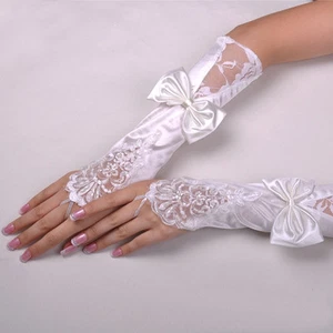 Women Party Bridal Wedding Fingerless Lace Stretch Satin Bowknot Gloves US - Picture 1 of 8
