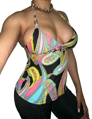 Trina Turk Swim Tankini Cuban Link Halter Strap Tie Garden Paisley Print Logo S Foto 1 de 4