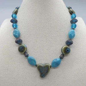 Vintage türkis blau Glasperlen Halskette grün Keramikperlen Boho Statement 20" - Bild 1 von 13