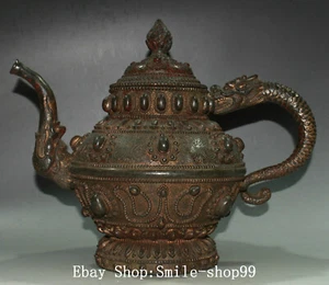 11,8" Tibet Dynastie Bronze Fengshui Drache Bestie Tier Wein Topf Flagon Wasserkocher - Bild 1 von 9