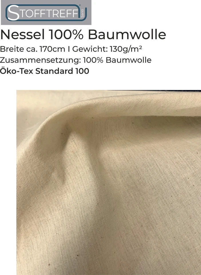 Nessel 100% Baumwolle-50 cm Schritte-Rohware-ca. 130g/m2-Natur-Öko-Tex Standard - Bild 1 von 1