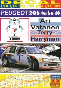 DECAL PEUGEOT 205 TURBO 16 A.VATANEN TOUR DE CORSE 1984 DnF (08) - Picture 1 of 1