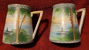 Two Vintage Hand Painted T.S. Nippon Tankards Or Mugs W/ Boat Scenes - Picture 1 of 5