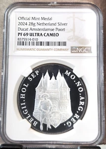 2024 NETHERLANDS SILVER 1 DUCAT AMSTERDAM PORT ANNIVERSARY NGC PF 69 ULTRA CAMEO - Picture 1 of 3