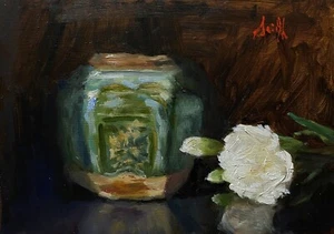 Original oil painting flowers & turquoise Chinese antique jar Floral still life. - Picture 1 of 5