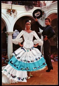 Spanish Dancers Embroidered Blue & White Dress Postcard - Picture 1 of 2