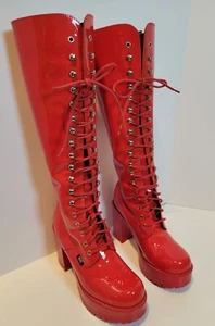 ROC Lash Boots Red Lace Up Chunky Block Heel Platform Size 40 (US 9) Sexy - Picture 1 of 24