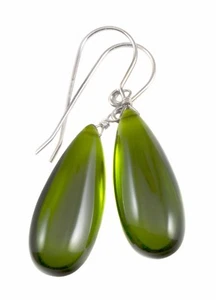 Green Peridot Earrings Simulated Peridot Long Smooth Teardrops Sterling 14k Gold - Picture 1 of 6