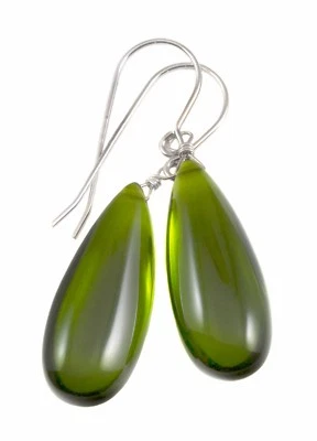 Pendientes de peridoto verde peridoto simulado lágrimas largas lisas oro de ley 14k Foto 1 de 4