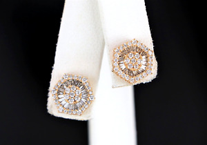 $2,400 10K Yellow Gold 1.00ct Cluster Round Baguette Diamond Screw Stud Earrings