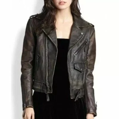 Women's Distressed Brown Café Racer Moto Biker Real Sheep Leather Jacket - Image 1 of 4