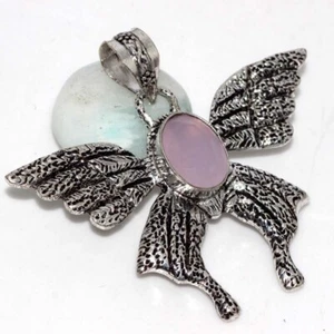 925 Silver Plated-Pink Chalcedony Ethnic Bat Gemstone Pendant Jewelry 2" AU Y948 - Picture 1 of 3