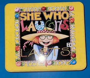 Mary Englebreit ME She Who Laughs Lasts Square Metal Box Hinged JC Penny - Bild 1 von 5