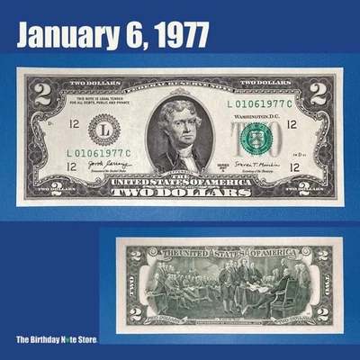 January 6, 1977 Birthday Anniversary $2 Two Dollar Bill Serial Number 01061977 - Image 1 of 2