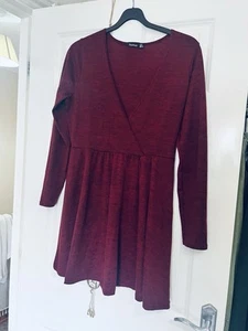 Boohoo Size 16 Burgundy Skater Mini Dress Long Sleeve V Neck - Picture 1 of 2