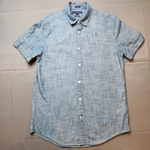 Tommy Hilfiger Button Up Short Sleeve Shirt Men Medium Blue Western Denim - Picture 1 of 6