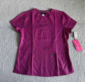 Koi Lite Scrub Top Women’s Large Iridescent Azalea Pink Sparkle Nursing Medical - Picture 1 of 12