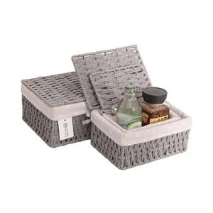 HANMYSTYLE Storage basket with lid hand-woven baskets with cotton lining metal - Picture 1 of 7
