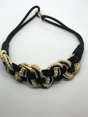 Vintage 80's Belt braided gold trim faux pearl black cord Small S - Image 1 of 3