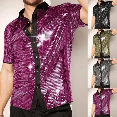 Men's Short Sleeve Sequin Embellished Shirt Great Choice for Nightlife Outings - Image 1 of 4
